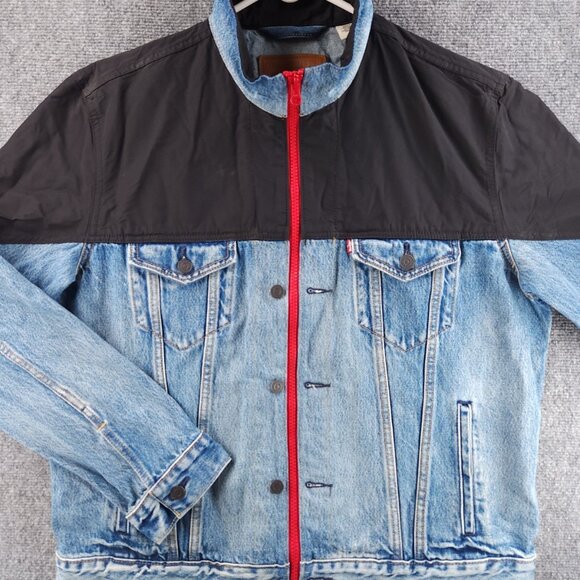 Levis Premium Denim Jacket Full Zip Large Cotton Nylon Accents Blue Black Adult - Picture 1 of 16